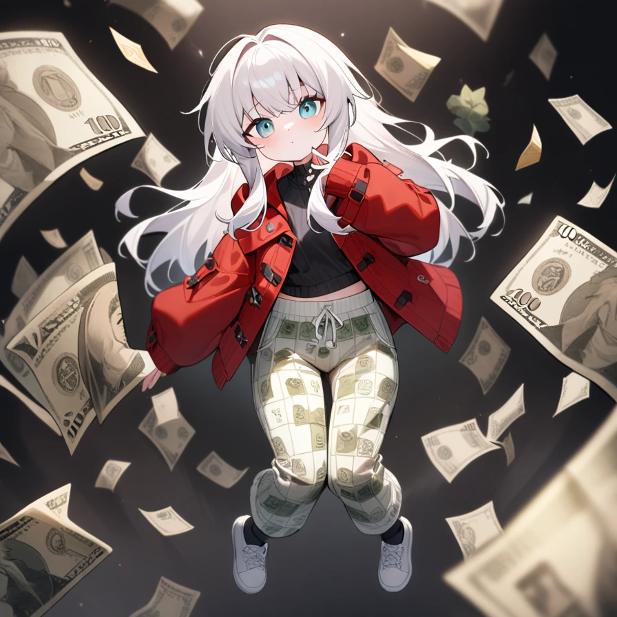 ,1girl,solo,full body,,Clara,red jacket,jacket,long sleeves,closed clothes,sweater,dollar bill pants, dollar pants, dollar bills on pants, white pants with green 100 dollar bill pattern,looking_at_viewer,masterpiece, best quality, very aesthetic, absurdres