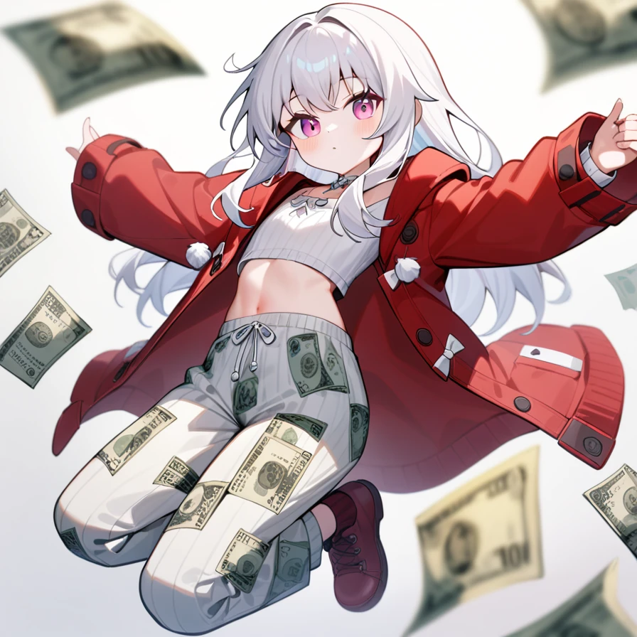 ,1girl,solo,full body,,Clara,red jacket,jacket,long sleeves,closed clothes,sweater,dollar bill pants, dollar pants, dollar bills on pants, white pants with green 100 dollar bill pattern,looking_at_viewer,masterpiece, best quality, very aesthetic, absurdres