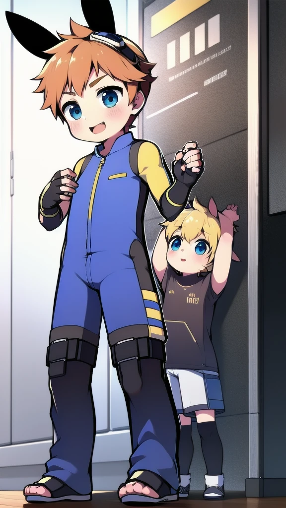 ((A young boy)),(Youthful feeling),One-piece mountaineering suit,Goggles,Fingerless gloves,Cotton socks,Short sleeve,stand up,happy,Rabbit ears,Rabbit Tail