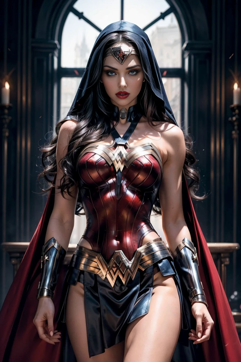 beautiful sexy sensual nun superheroine Wonder Woman black long hair, enchanting big blue eyes, white skin, red lips, slim muscular aristocratic body, long thighs, thin waist