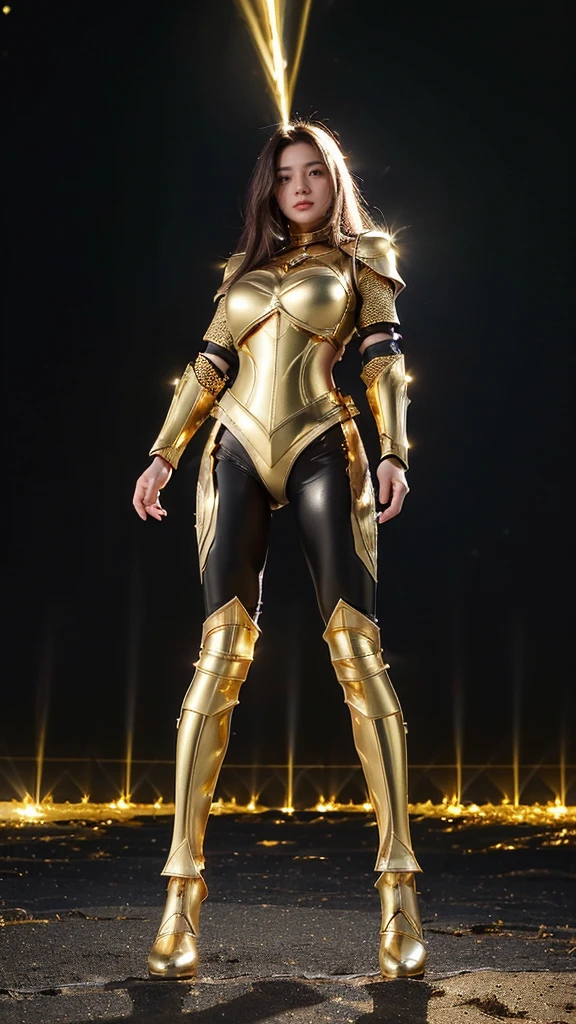 ((best quality)), ((masterpiece)), (ultra detailed lights), ((full body:1.3)), ((skinny body)), 1girl, extremely beautiful, ((slim body)), thighs gap, ultra face details, 20 years old, ((pink curvy-hair)), ((hair blown by strong winds :1.3)), Award-winning photograph, ((symmetrical pose)), ((full body golden black armor:1.3)), posing in the middle, intricate details, ((thight golden armour:1.3)), ((extremely details armor:1.3)), ((tight latex pants)), ((24k-gold armor:1.3)), ((edge luminous armor:1.3)), cameltoe, luminescent, epic lights reflections, at beach, full of stars, orange clouds, nebula sky, epic aurora borealis in the background, shooting stars, ((from below))