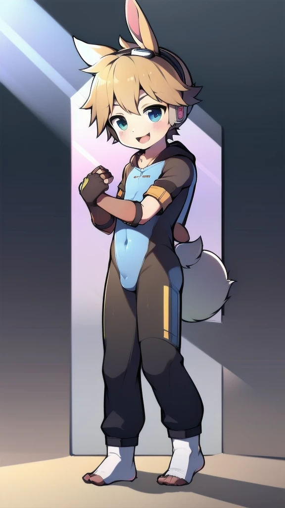((A young boy)),(Youthful feeling),One-piece mountaineering suit,Goggles,Fingerless gloves,Cotton socks,Short sleeve,stand up,happy,Rabbit ears,Rabbit Tail