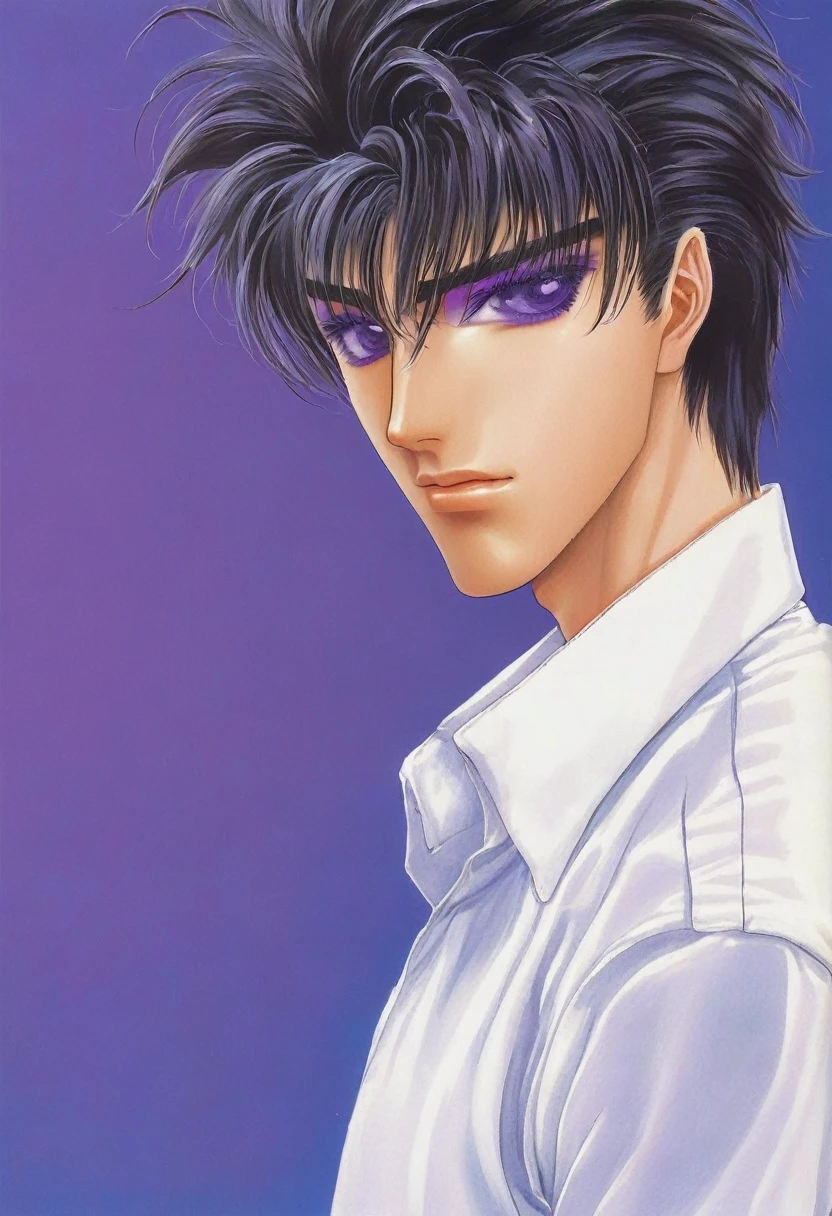 x,1 boy,Male focus, Solitary, shirt, white shirt, Shut up, black hair, Purple Eyes, Gentle, Looking at the audience, collared shirt, Upper Body, blue eyes, Bangs, Blue Background, Hair between the eyes, 