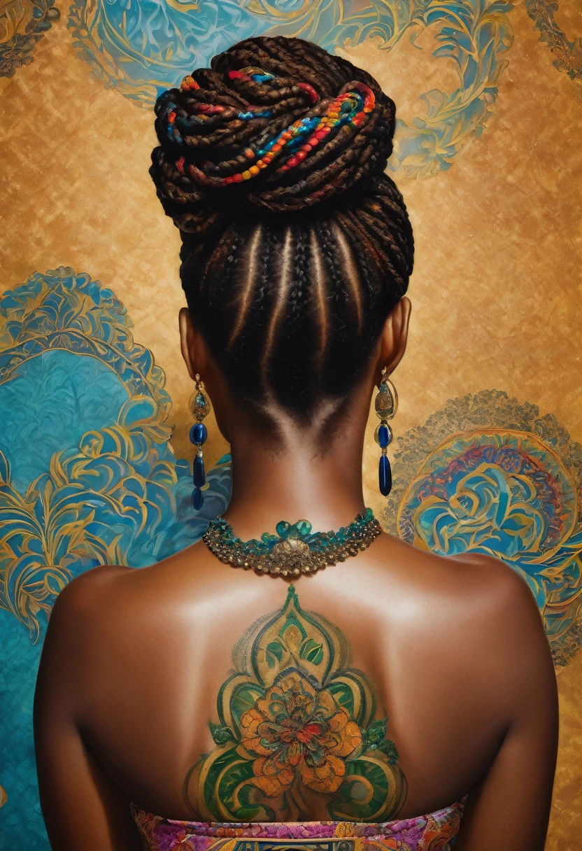 Detailed close-up of the back of a woman with an intricate and colorful tattoo, in an African hairstyle, realistic painting by Kehinde Wiley, bright colors, studio lighting