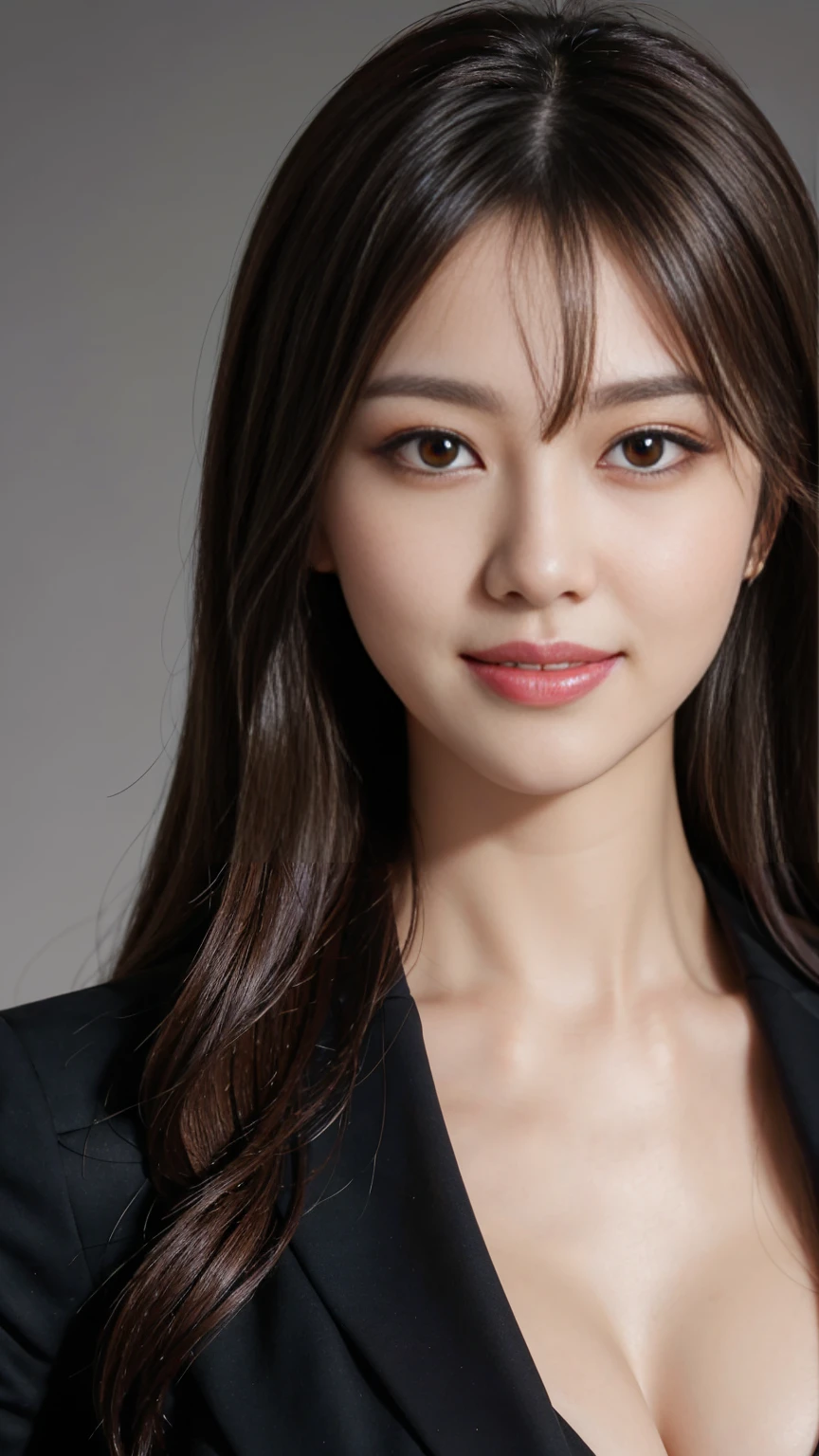 Tabletop, Highest quality, Realistic, Very detailed, finely, High resolution, 8k wallpaper, One beautiful woman,, Light brown messy hair, Wearing a business suit, Sharp focus, Perfect dynamic composition, Beautiful and detailed, Thin Hair, Detailed Realistic skin texture, smile, Close-up portrait, Model Body Type、Big Breasts