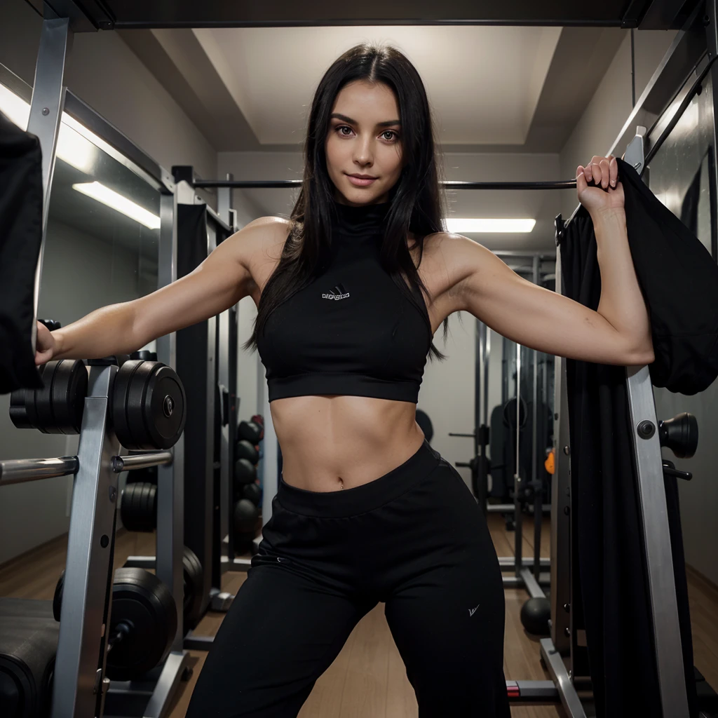 realisitic, Black Costume, dark shaped eyes, long black hair, Symmetrical and delicate face, normal body, tall young woman, elegant and serene, discret smile, toned legs, sweatpants, at the gym doing exercises 