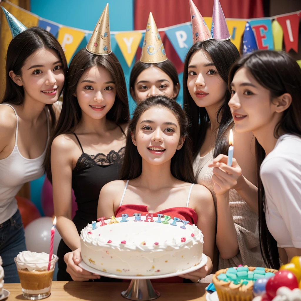 Several young people celebrating birthday birthday cake