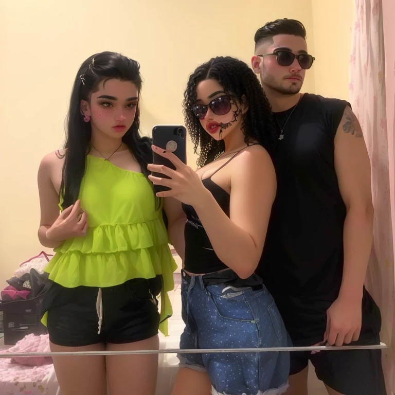 There's three people taking a picture in a mirror, profile image, modeling for candy and gabanna, 🤬 🤮 💕 🎀, roommates, very low quality image, 🔞🤡, powder Nándor Katona, profile image, photo taken in 2 0 2 0, taken at the beginning of 2020, by Teresa Fasolino