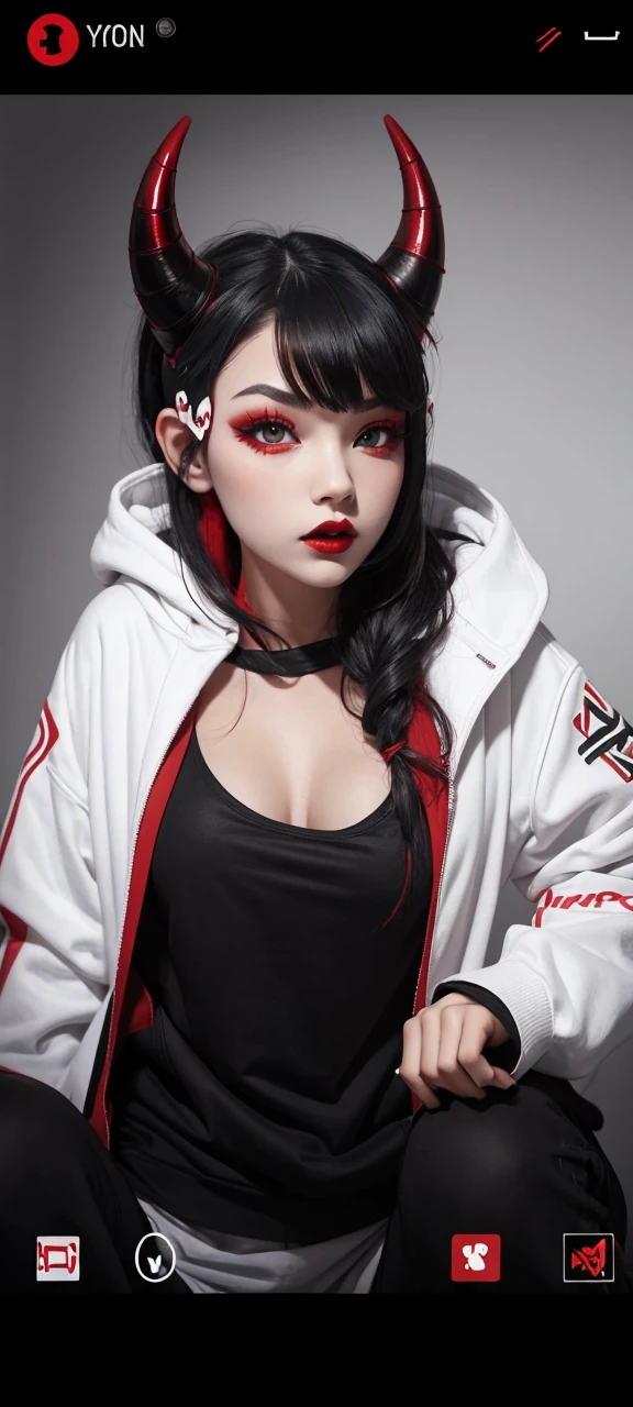 A girl wearing (((red))) hoodie with devil horn on it, red pupil, red lips, black white hair