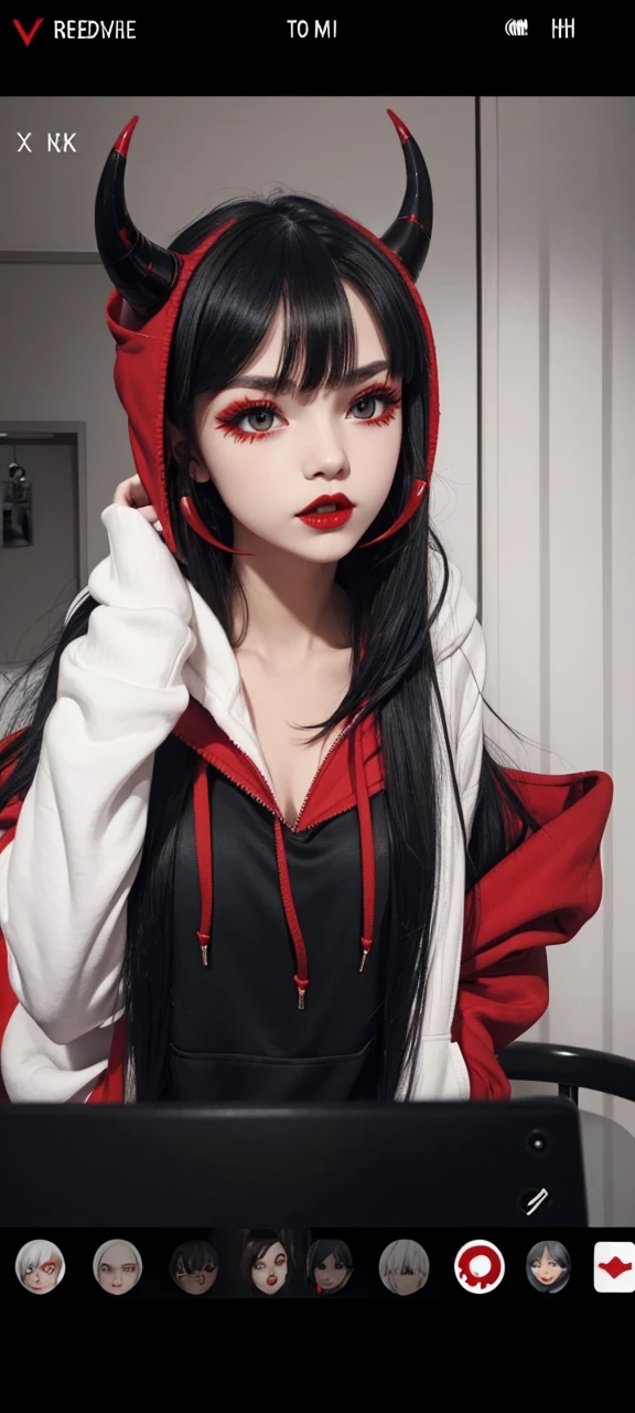 A girl wearing (((red))) hoodie with devil horn on it, red pupil, red lips, black white hair