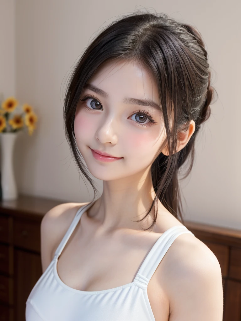 One Girl,Very cute girl at 16 years old,Big eyes:0.5,The face is facing straight ahead,Body facing forward,Beautiful nose,Fuller lips,Short black hair,ponytail,Detailed eyelashes,Thin eyebrows,Symmetrical eyes,Face close-up,White swimsuit,Portrait,View Viewer, half smile:0.5,