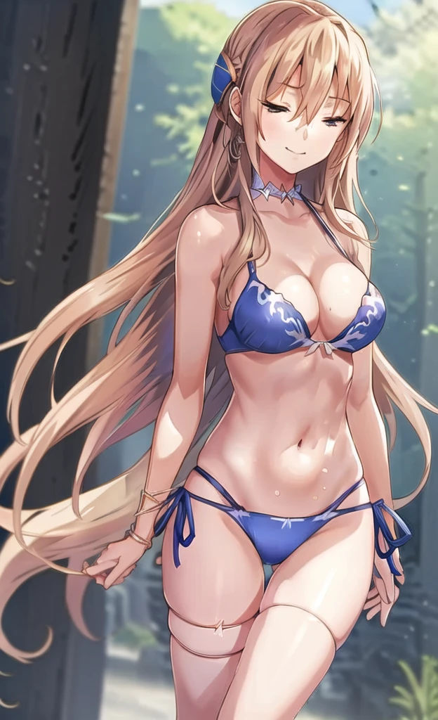 Anime Artwork Highly Detailed CG Unity 8K Wallpaper, Realistic, A girl by Guido Daniele, Swimwear, Long Hair, chest, Flashy Bikini, alone, (((close your eyes))), belly button, Day, Outdoor, chestの谷間, White Bikini, Blonde, smile, null, blue null, very Long Hair, cloud, medium chest, side-tie bikini bottom, Blurred, clavicle, ribbon, Mouth closed, Blurred background, Thigh Gap, put your hands in your hair, thigh ribbon, Halter neck, Are standing, jewelry, handrail, bangs, Stomach, Thigh straps, Floating Hair, Bare shoulders
