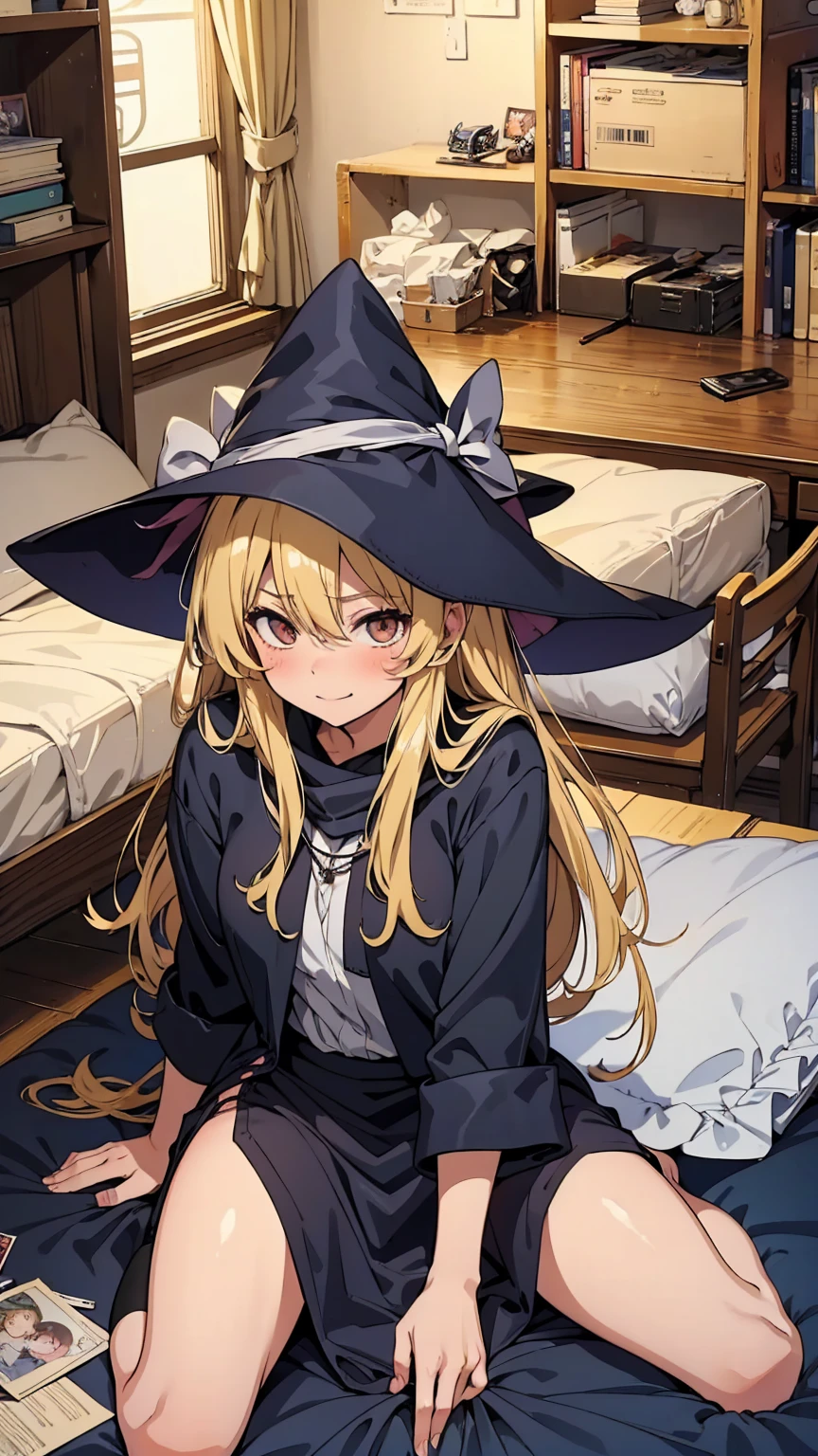 Marisa Kirisame、Messy room、Cute Woman、Blonde、Wizard、Marisa&#39;s Hat、Very thick thighs、smile、Sloppy body、Best image quality、High resolution、masterpiece、super high quality、Thick pubic hair、Orgasm Facial、Stripes々Panties、Stripes々bra、Very big ass、Very large breasts  、Blushing、4K quality、Blushing、Spread your legs wide、Luxurious chair、Wearing black knee socks、Sweaty all over、Heavy breathing、Shaking breasts、上下にShaking breasts、Angle from the feet