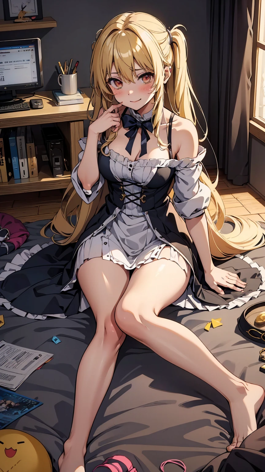 Marisa Kirisame、Messy room、Cute Woman、Blonde、Wizard、Marisa&#39;s Hat、Very thick thighs、smile、Sloppy body、Best image quality、High resolution、masterpiece、super high quality、Thick pubic hair、Orgasm Facial、Stripes々Panties、Stripes々bra、Very big ass、Very large breasts  、Blushing、4K quality、Blushing、Spread your legs wide、Luxurious chair、Wearing black knee socks、Sweaty all over、Heavy breathing、Shaking breasts、上下にShaking breasts、Angle from the feet