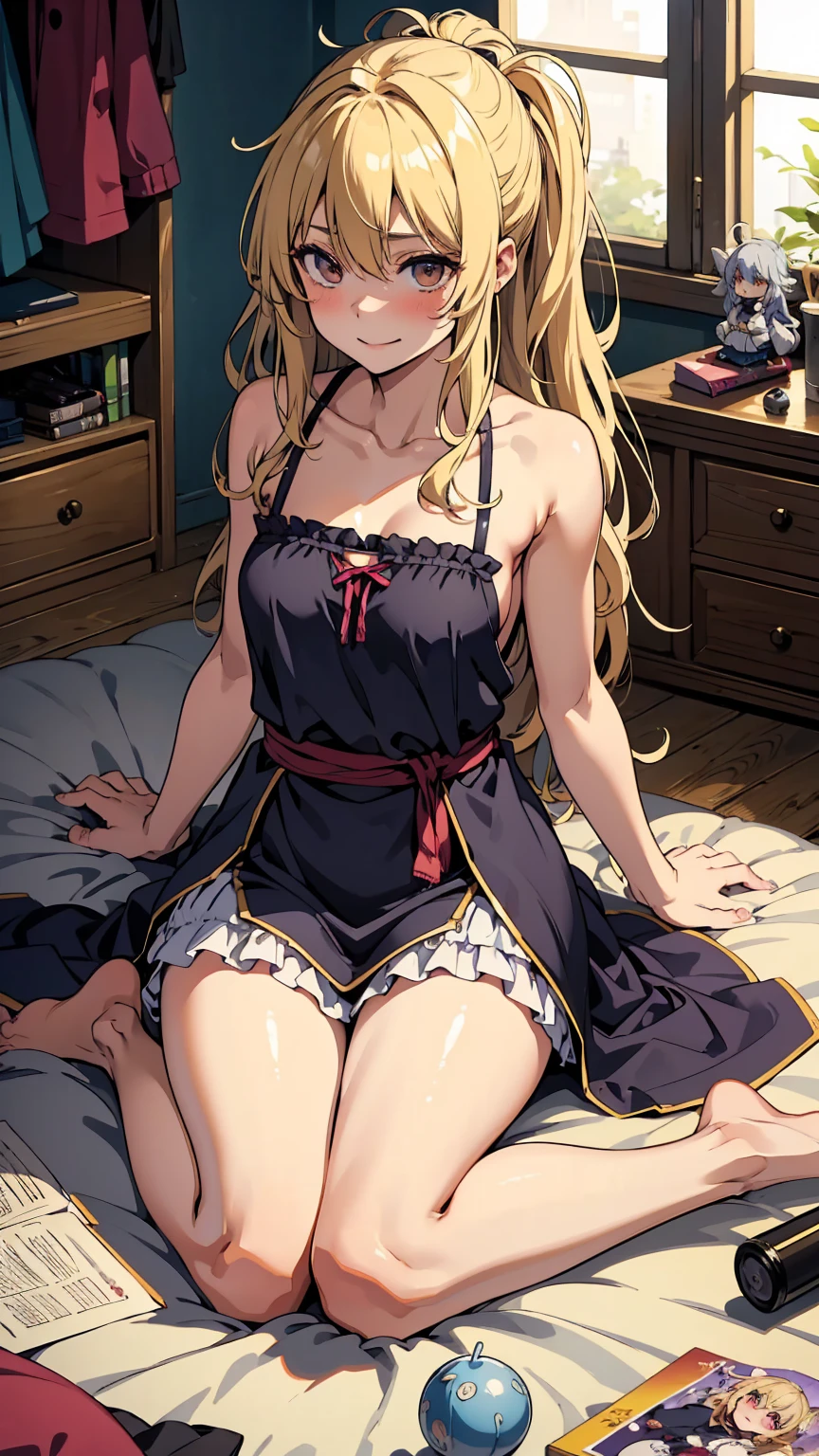 Marisa Kirisame、Messy room、Cute Woman、Blonde、Wizard、Marisa&#39;s Hat、Very thick thighs、smile、Sloppy body、Best image quality、High resolution、masterpiece、super high quality、Thick pubic hair、Orgasm Facial、Stripes々Panties、Stripes々bra、Very big ass、Very large breasts  、Blushing、4K quality、Blushing、Spread your legs wide、Luxurious chair、Wearing black knee socks、Sweaty all over、Heavy breathing、Shaking breasts、上下にShaking breasts、Angle from the feet