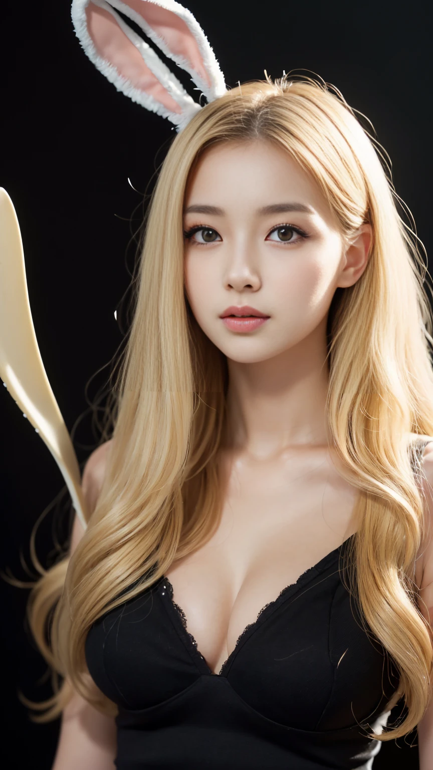 ((((blonde、Super long hair、とてもLong Hair、Fluffy Wave、Black background、blonde、Bunny girl、Look forward、Nordic)))))))、blonde、Tabletop, Highest quality, Photorealistic, In detail, High resolution, 8k wallpaper, Perfect dynamic composition, Beautiful attention to detail, Long Hair, Big ample breasts、24-years-old、(Droopy Eyes 1.4)、Adult Beauty、Japanese、Big Breasts
