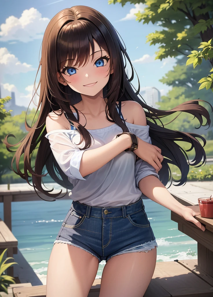 18 year old young girl, long haired redhead with blue eyes, Short white off-the-shoulder shirt, short blue denim shorts, SMILE, smiling, short brown boots with white, embraced with young girl long black hair blue eyes, strong blue denim short shorts, hugged,