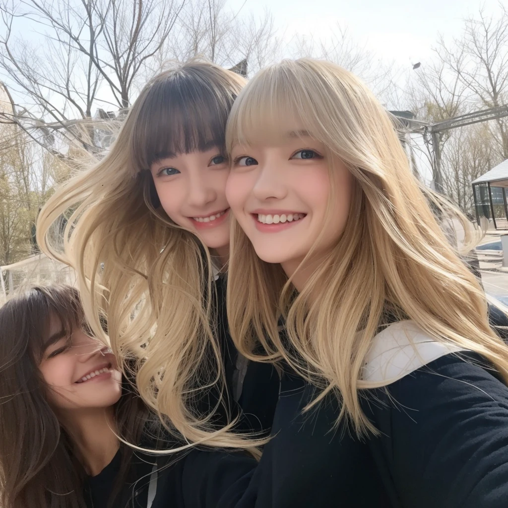 Tall teenage girl with silky shiny hair, blonde with bangs and blue-green eyes, taking a photo smiling with a friend with black hair and bangs, with dark brown eyes, bangs and wavy hair