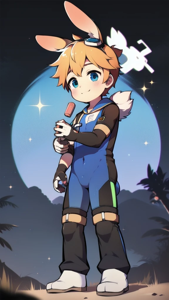 ((A little boy)),(The feeling of youth),One-piece mountaineering suit,goggles,Fingerless gloves,Cotton socks,Short sleeve,stand up,Happy,Rabbit ears,Rabbit tail