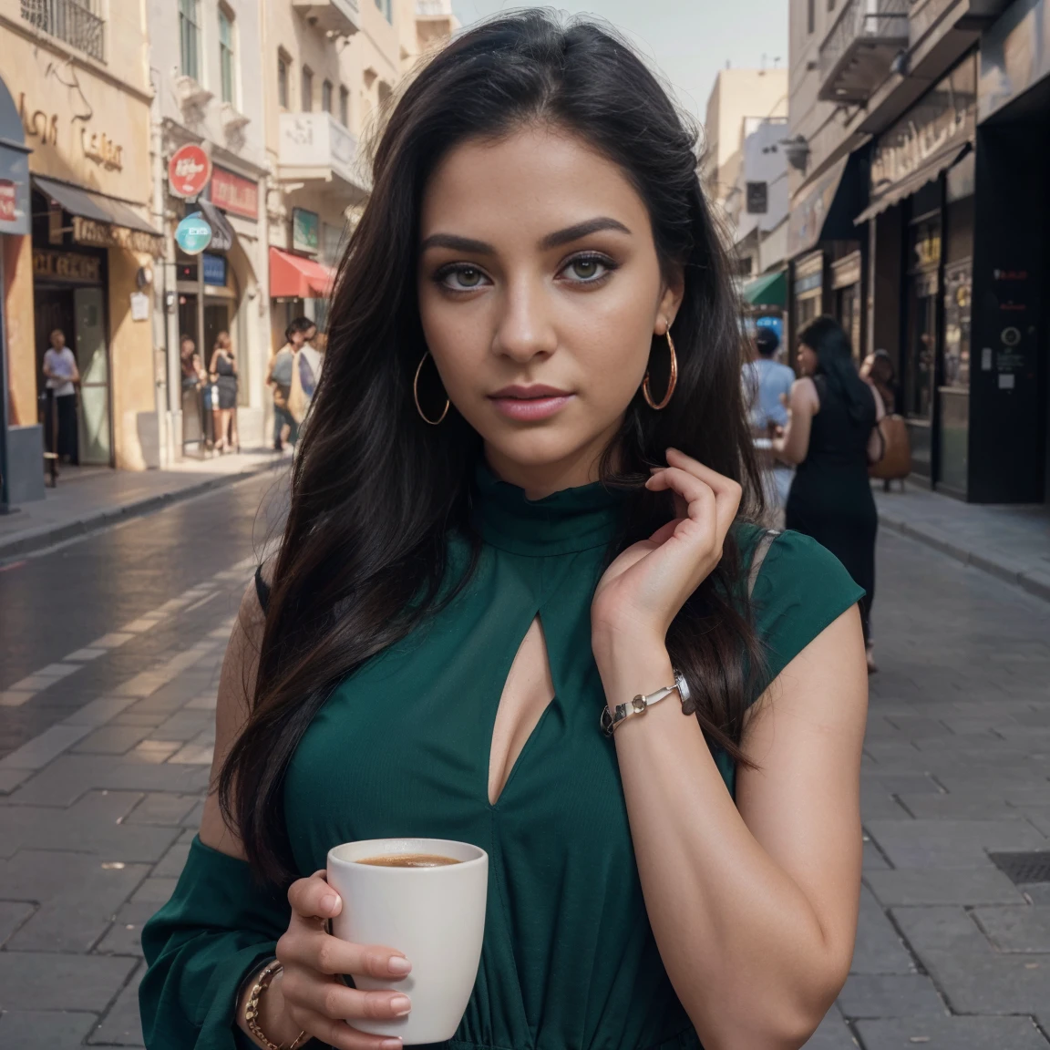 1girl, beautiful girl, beautiful detailed eyes, beautiful detailed lips, extremely detailed eyes and face, long eyelashes, fit body, 28 years old, 172 centimeters, black hair, dress, green eyes, earrings, bracelet on left hand, holding a cup of coffe, a Dubai street, influencer, photoshoots,full body, (best quality,4k,8k,highres,masterpiece:1.2),ultra-detailed,(realistic,photorealistic,photo-realistic:1.37), studio lighting, vivid colors, professional photography
