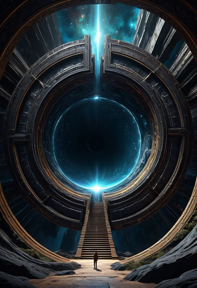 Gigantic Dimensional Portal, similar to black holes but formed in a strange way, intricate, realism, art in the style of François Baranger. Cosmicism evident in the images.