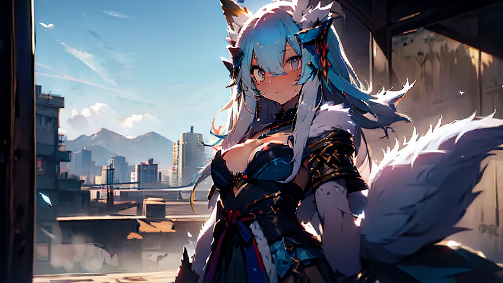 Miku Hatsune x Aloy Forbidden Horizon Dragon West Armor Tenack, add high definition_detail:1, blue fur,kitsune ears, tribal tattoo add_detail:1, sensual pose against the wall add_details:1, tribal feather necklace, rainbow feather skirt, Tribal feather body decorations in high definition., tribal feather bralette, desert landscape oasis in the background, exhausted girl, perspiration, very hot, intense sun add_detailsl
