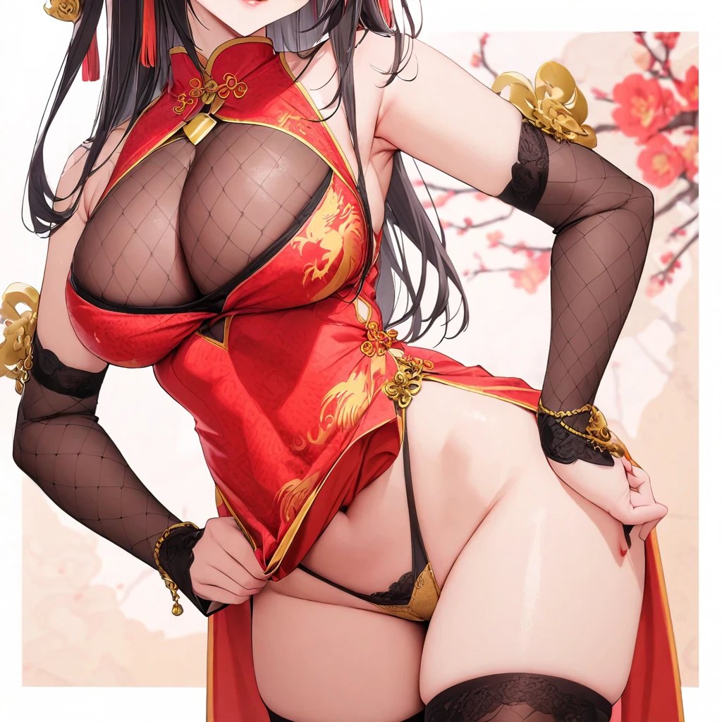 Woman in red Chinese costume with gold ornaments, Big breasts exposed, Exposing thighs, Women's long brown stockings, Long black hair, Red eyes, White fur cape, A golden ribbon on her head, Golden flowers in her hair, smile, Traditional Chinese palace walk, Chinese lamps around, Bokeh effect, bloom, 8K, Super detailed, Accurate, 最high quality, 超High resolution, Anatomically correct, Textured skin, high quality, High resolution, 最high quality ( Solo Female)