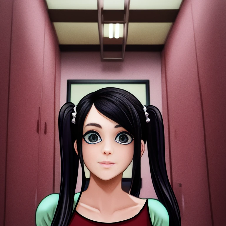 Stoya the Yandere, best quality, hi res, 8k, hi res, 8k, award winning , (sharp focus, intricate, highly detailed), great hair, Black , twin tails, school hallway