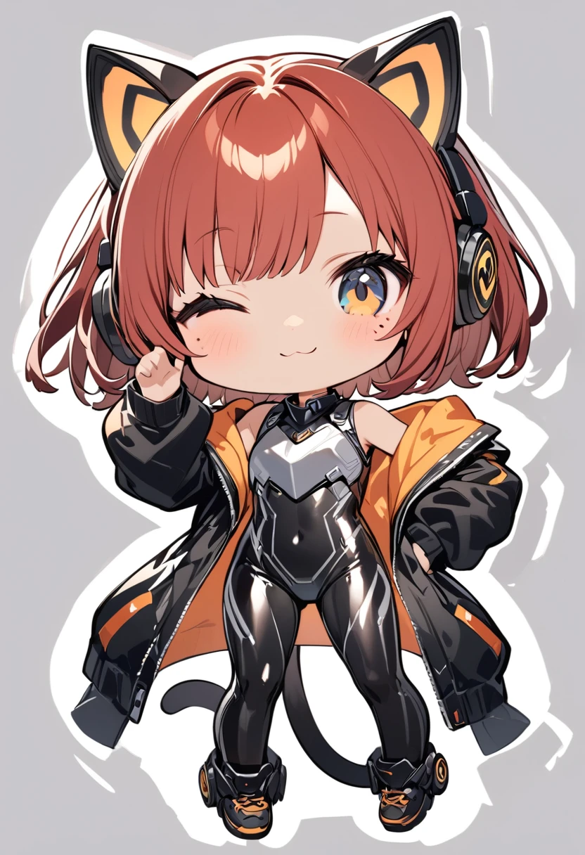 full body,1 girl,(cute:1.3),red Hair, left eye blue, right eye yellow, tan skin, freckles,{White breastplate, Black futuristic cat ear headphones, Mechanical black glossy metallic Bodysuit, Bare shoulders, oversized jacket, futuristic cat tail, Glossy, shiny material,chibi emote, chibi character, cute pose