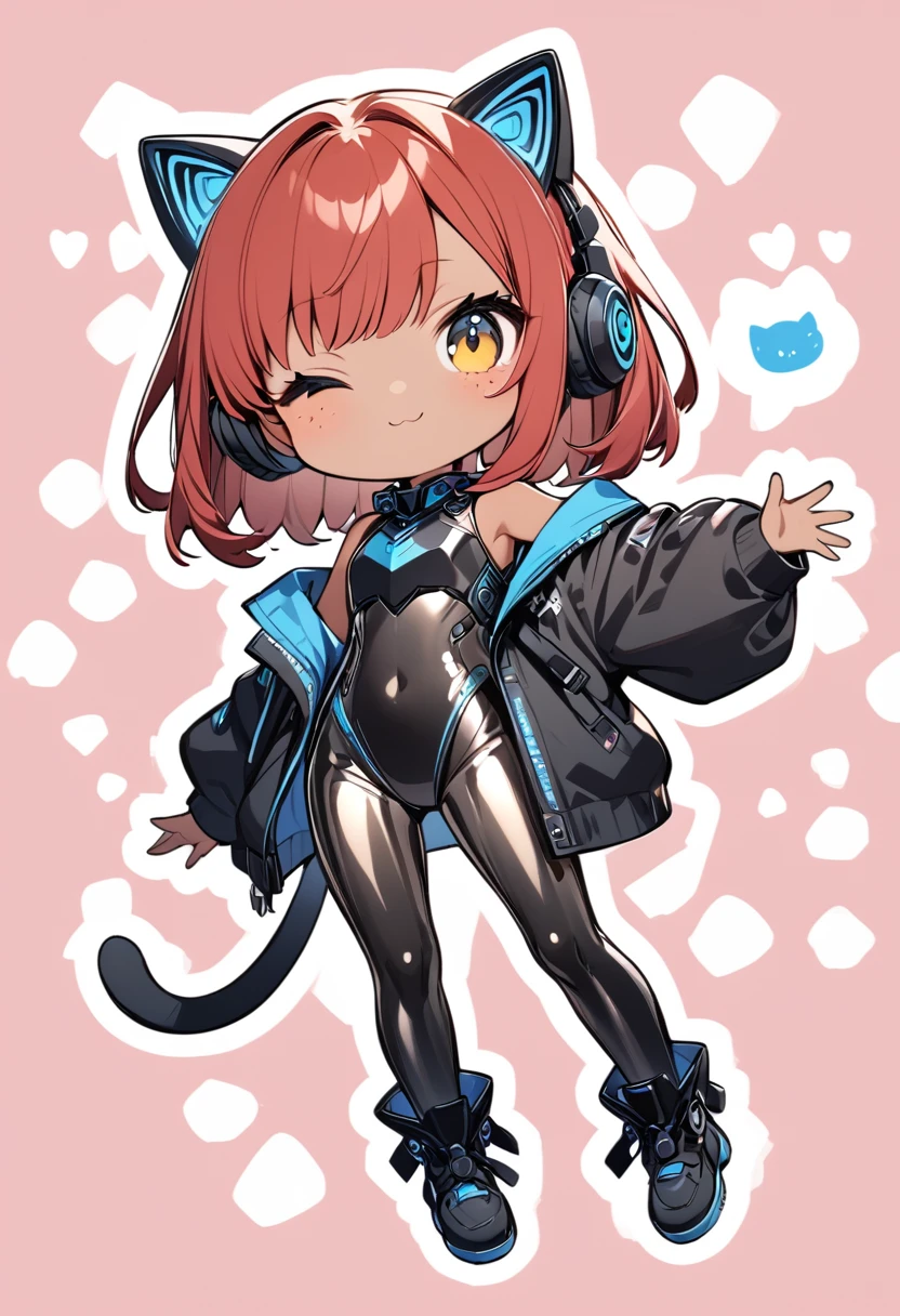 full body,1 girl,(cute:1.3),red Hair, left eye blue, right eye yellow, tan skin, freckles,{White breastplate, Black futuristic cat ear headphones, Mechanical black glossy metallic Bodysuit, Bare shoulders, oversized jacket, futuristic cat tail, Glossy, shiny material,chibi emote, chibi character, cute pose