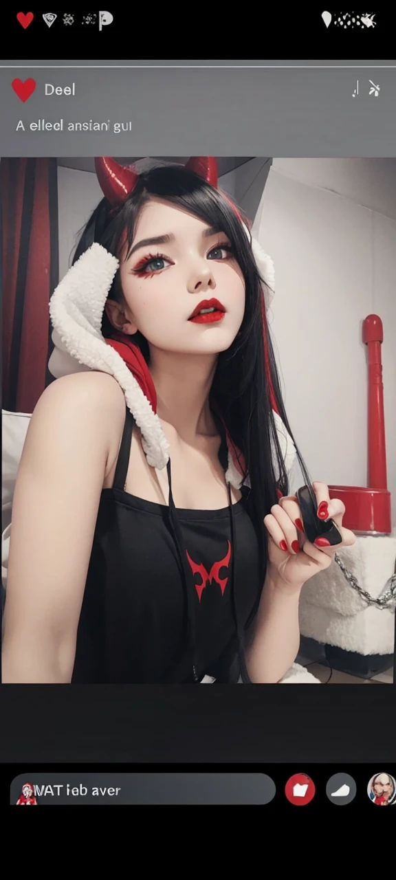 A girl wearing (((red))) hoodie with devil horn on it, red pupil, red lips, black white hair