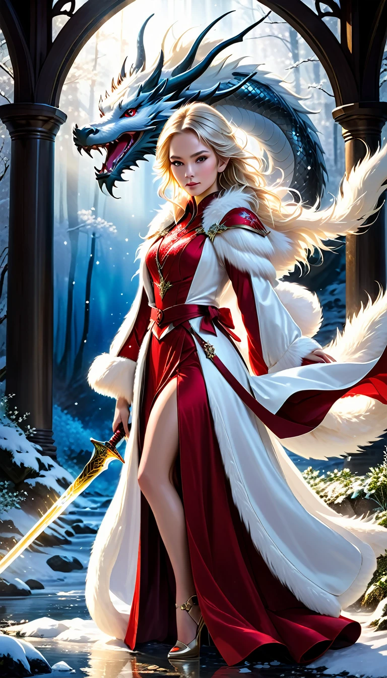 ((Full body photo,standing, feet on the ground)) MASTERPIECE PHOTOBOOKCOVER An awesome BLONDE WOMAN-HUNTER IN RED GOWN AND ((((WHITE FUR COAT))) a sword ((full of light)). Girl in a fighting stance. Exudes powerful light magic. In a stream between the mountains, Ethereal dreamsmagical WINTER forest background,Glittering reflections on the SNOW,Serene expression,ICE Flowers blooming around,Illuminated by the light of the womans's Sword. The composition is professionally crafted, Amazing attention to detail and cinematic lighting. The overall aesthetic is reminiscent of Fujifilm photography, Capture the beauty and depth of the scene. HUGE DRAGON ON BACKGROUND approaches the girl