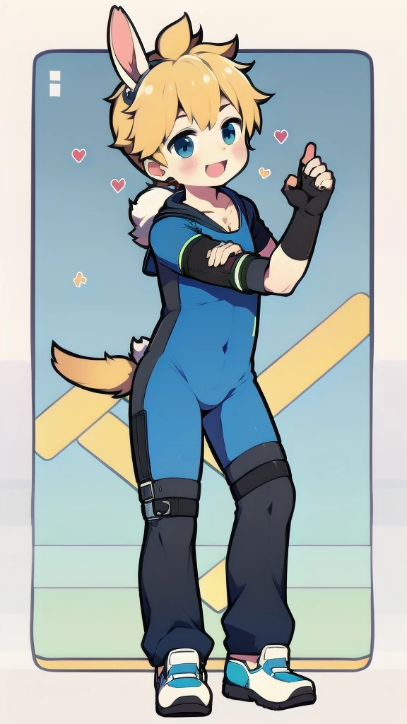 ((A young boy)),(Youthful feeling),One-piece mountaineering suit,Goggles,Fingerless gloves,Cotton socks,Short sleeve,stand up,happy,Rabbit ears,Rabbit Tail