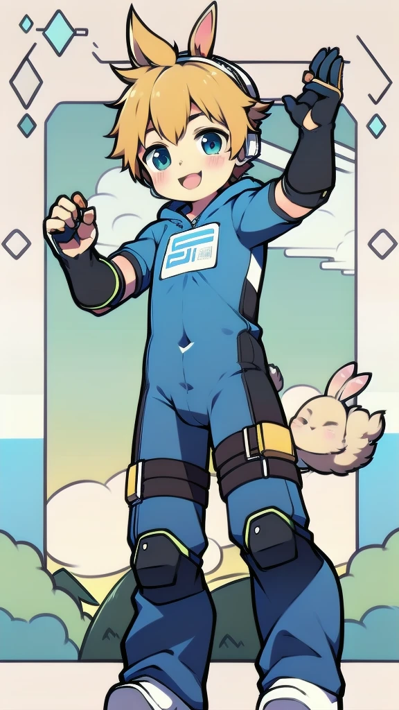 ((A young boy)),(Youthful feeling),One-piece mountaineering suit,Goggles,Fingerless gloves,Cotton socks,Short sleeve,stand up,happy,Rabbit ears,Rabbit Tail
