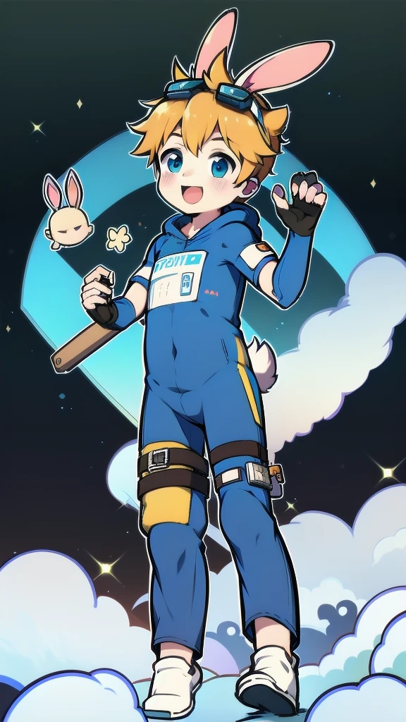 ((A young boy)),(Youthful feeling),One-piece mountaineering suit,Goggles,Fingerless gloves,Cotton socks,Short sleeve,stand up,happy,Rabbit ears,Rabbit Tail