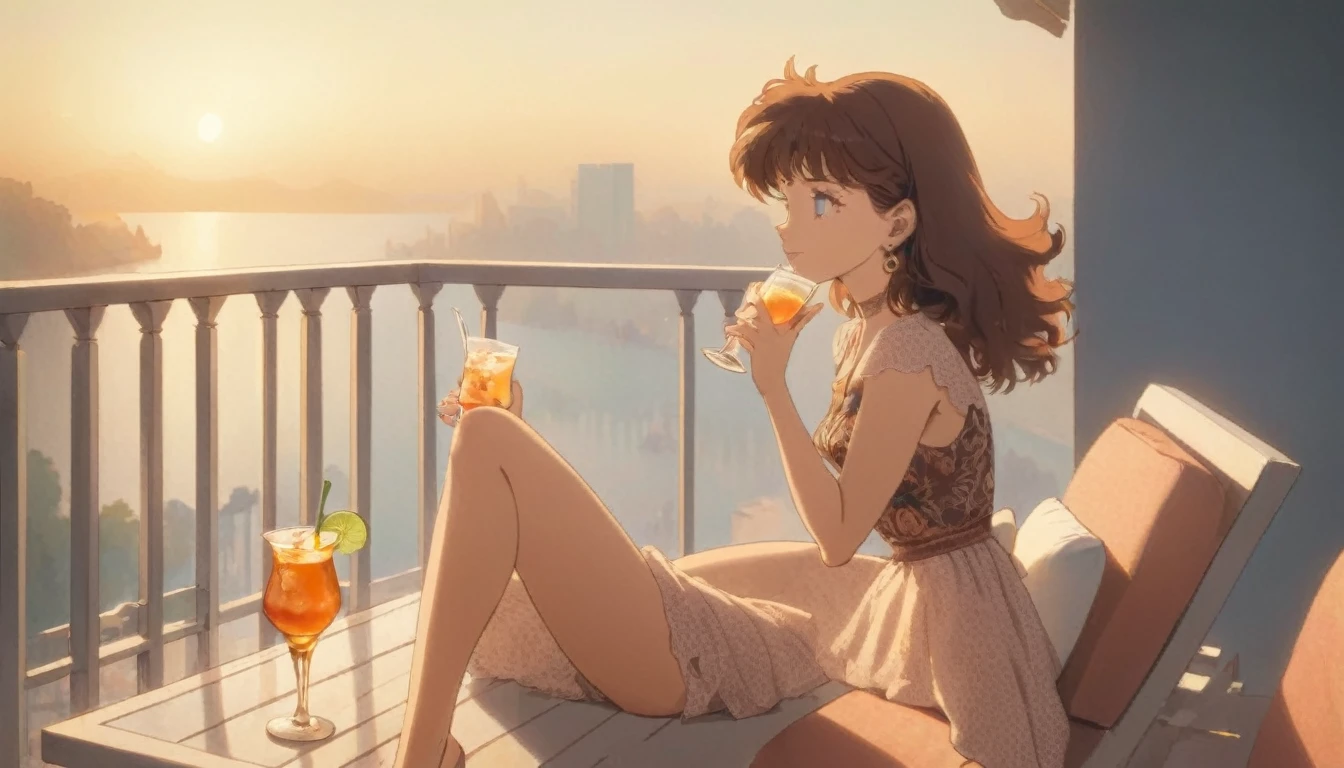 (80's, Retro), (Album cover), (masterpiece, Highest quality, Intricate details), ,pop,Retro,Emotional,Woman relaxing on the balcony,Relax with a drink,