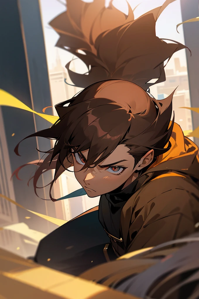 anime, light skin, eyes brown, serious, on city, male adult, hair messy up pointed color brown dark, antagonist, warrior