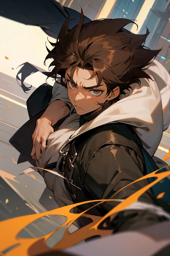 anime, light skin, eyes brown, serious, on city, male adult, hair messy up pointed color brown dark, antagonist, warrior