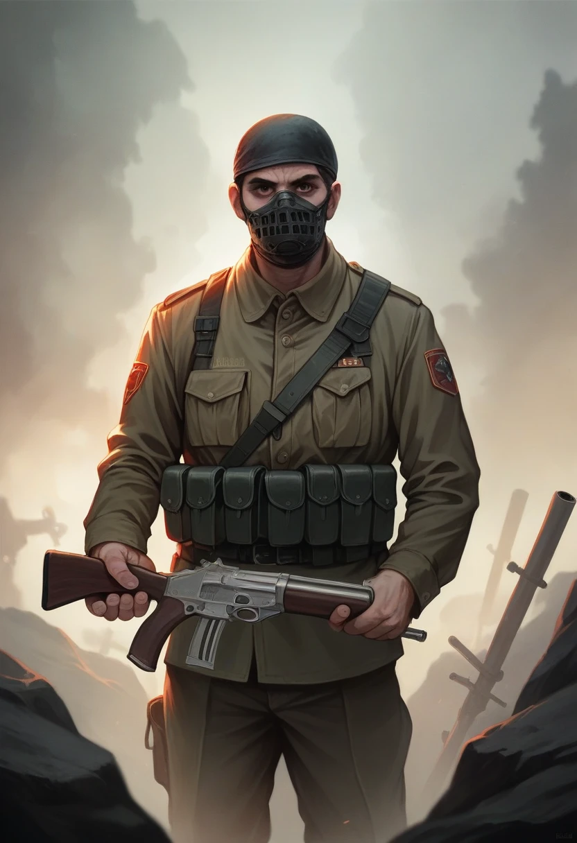 a highly detailed photo of a soldier wearing a mask, holding a shotgun in a smoky environment, 8k, realistic, cinematic lighting, gritty, dramatic, intense atmosphere, photorealistic, hyper-detailed, masterpiece, award-winning photograph