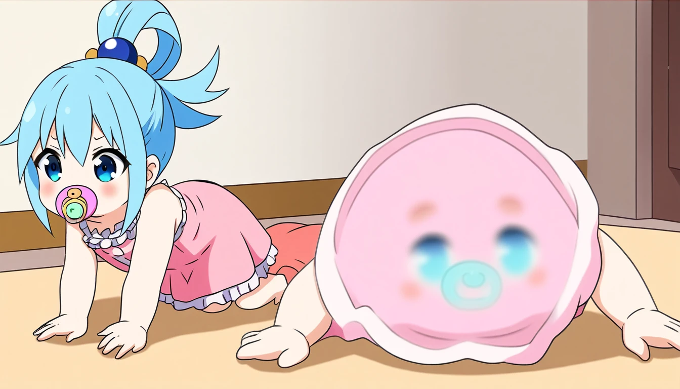 score_9_superior,score_8_superior,score_7_superior,sauce_anime,baby,cute,One girl,alone,baby pacifier,On my knees,Crawl,Pink Dress,Aqua \(KonoSuba\),blue eyes,hair ornaments,Blue Hair,Hair Ring,シングルHair Ring,Hair ties,short hair,