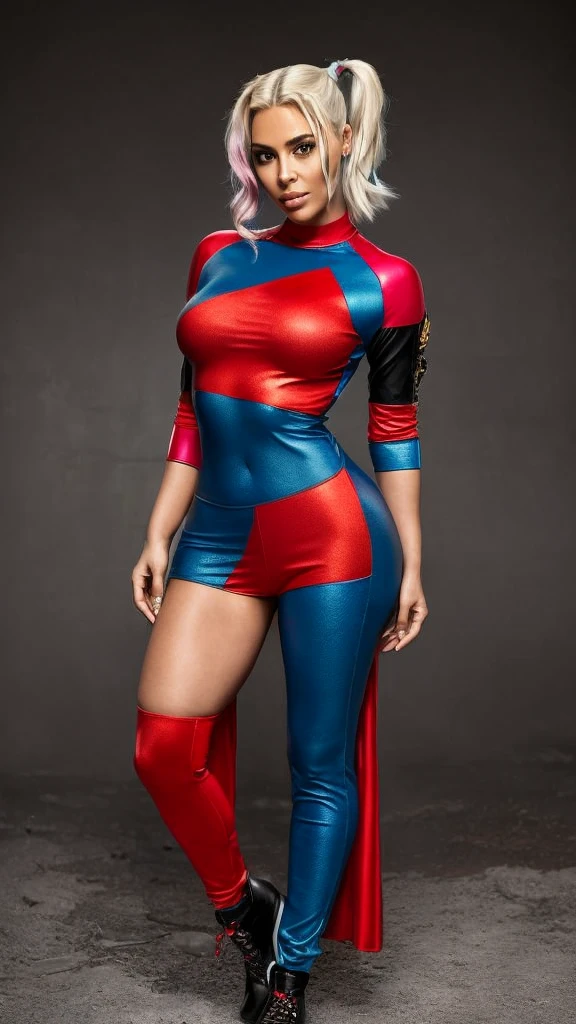 ((full length photo)), 10k resolution, ((Exceptional quality)), ((masterpiece)), Kim Kardashian as Harley Quinn from Suicide Squad, Hard Focus, Precise shading, Subsurface scattering, complex, Fine detail, (high quality, Good, masterpiece), Natural light, RAW, in the center, beautiful, super detailing, face detail, super realism, Shooting effect, KimLoRA1