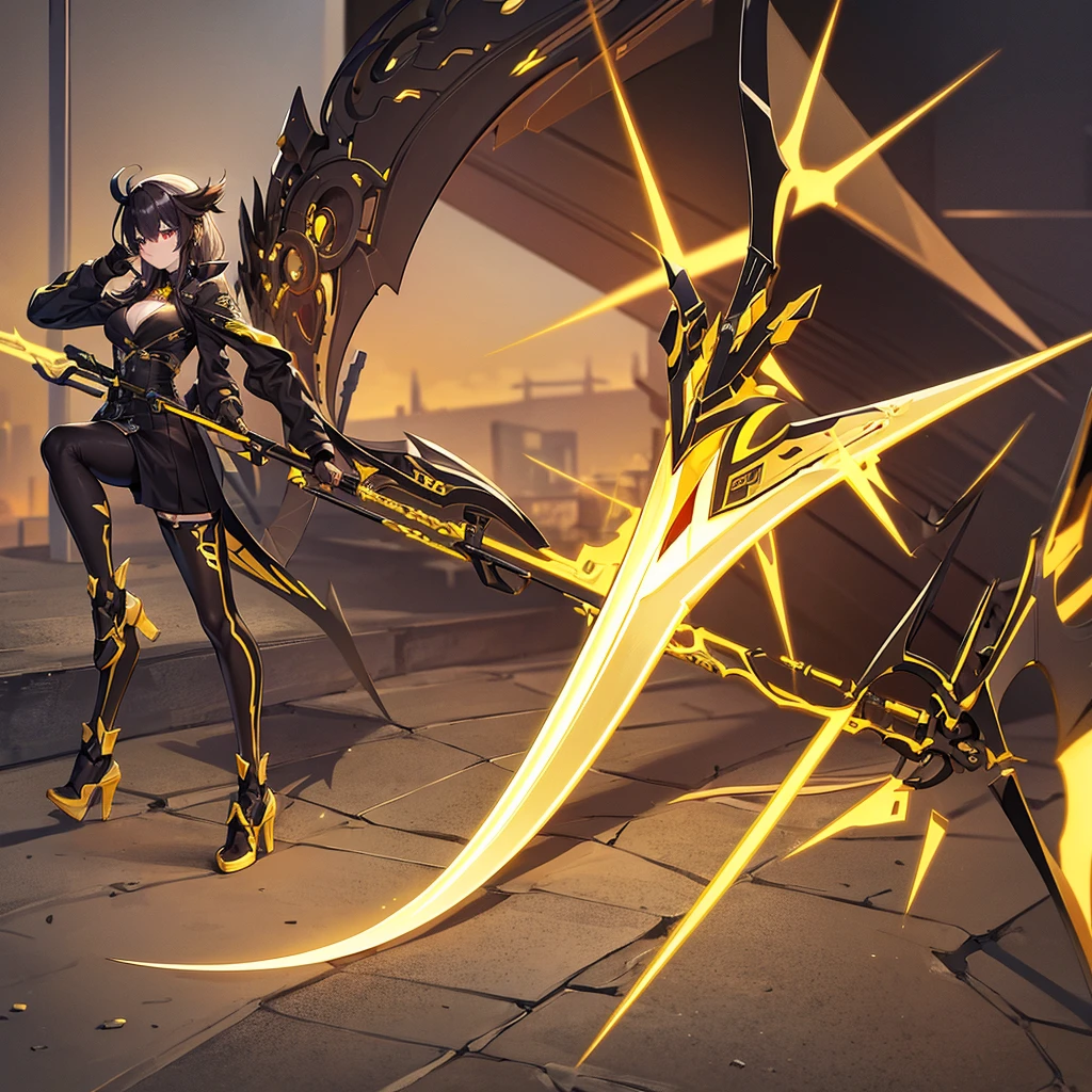 draw a technological scythe with golden energy. futuristic scythe. it should be on a construction bench