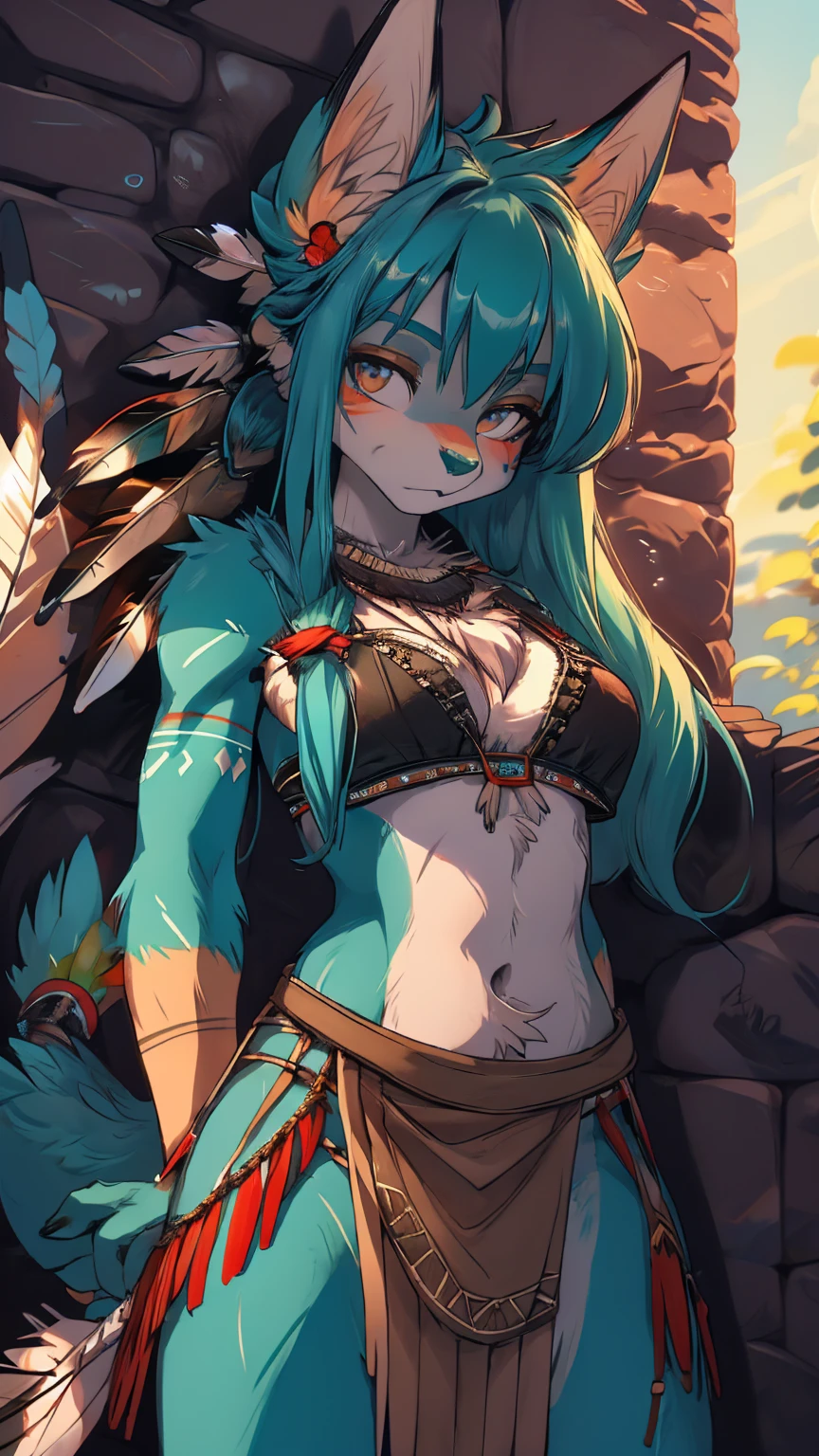 Miku Hatsune, add high definition_detail:1, blue fur,kitsune ears, tribal tattoo add_detail:1, sensual pose against the wall add_details:1, tribal feather necklace, rainbow feather skirt, tribal feather ornaments for the body high definition, tribal feather bralette