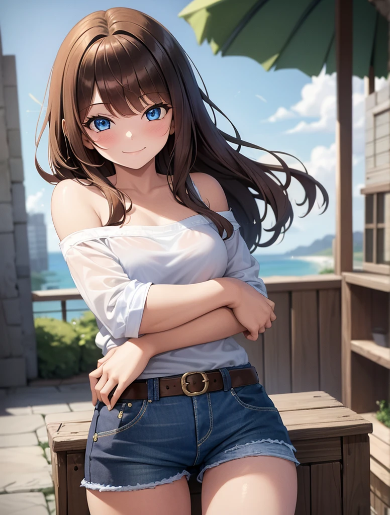 18 year old young girl, long haired redhead with blue eyes, Short white off-the-shoulder shirt, short blue denim shorts, SMILE, smiling, short brown boots with white, embraced with young girl long black hair blue eyes, strong blue denim short shorts, hugged, 