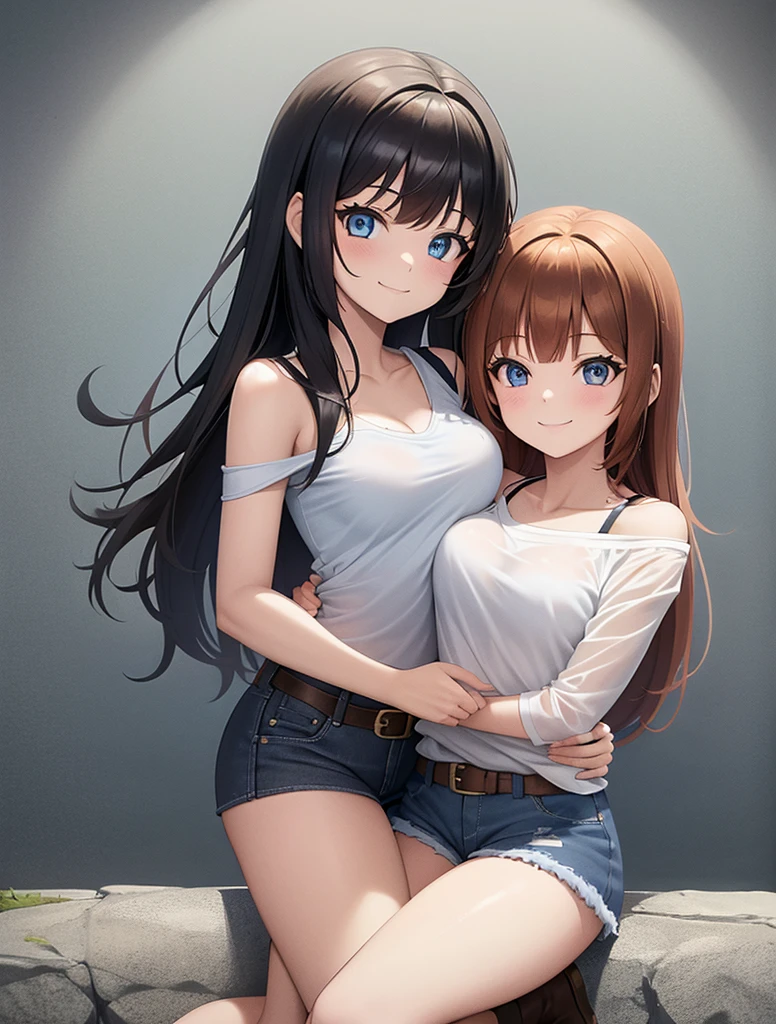 18 year old young girl, long haired redhead with blue eyes, Short white off-the-shoulder shirt, short blue denim shorts, SMILE, smiling, short brown boots with white, embraced with young girl long black hair blue eyes, strong blue denim short shorts, hugged,