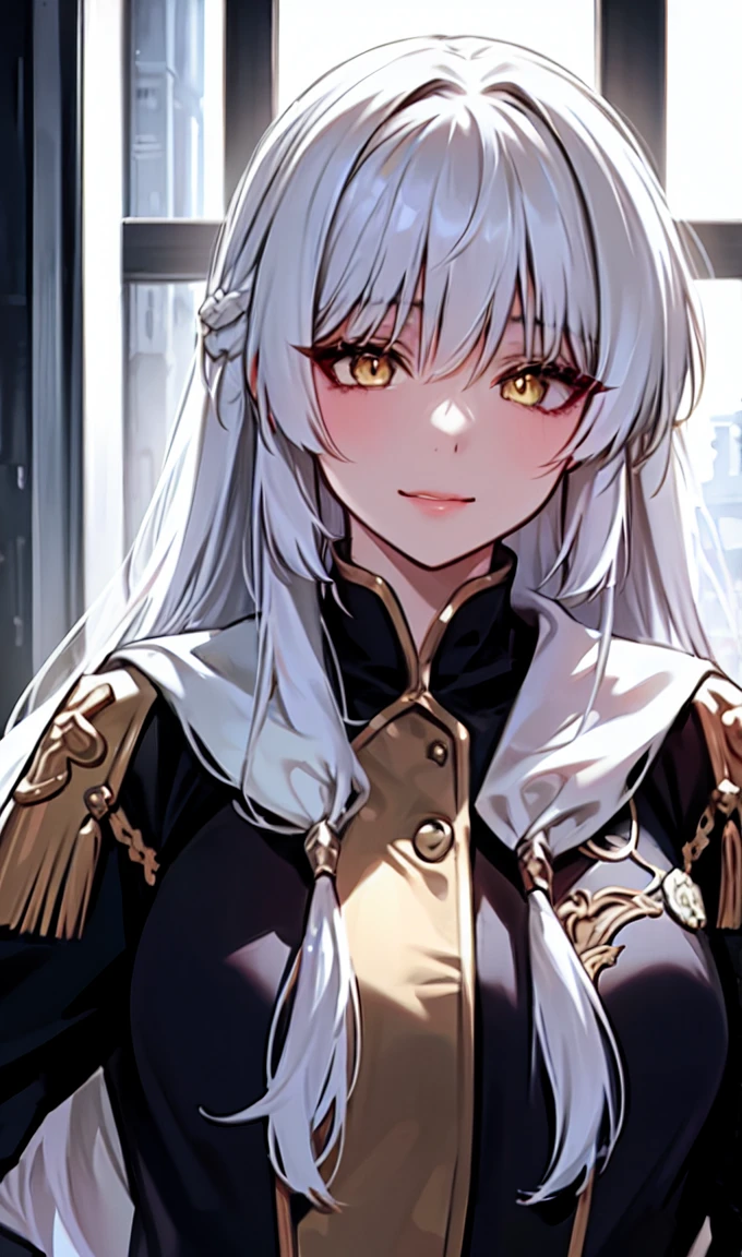 1girl, portrait, solo,lips, female focus, yellow eyes, looking at viewer, white hair, long hair, closed mouth, smile