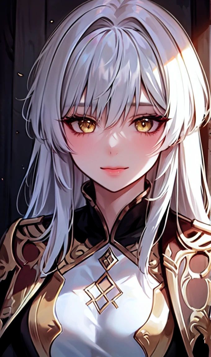 1girl, portrait, solo,lips, female focus, yellow eyes, looking at viewer, white hair, long hair, closed mouth, smile