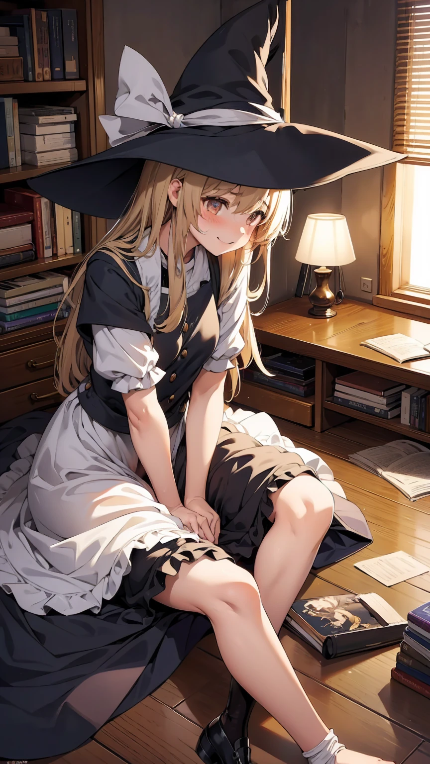 Marisa Kirisame、Messy room、Normal Wizard、Cute woman、Marisa&#39;s Hat、Blonde、Very thick thighs、Grinning、smile、Sloppy body、Best image quality、High resolution、masterpiece、super high quality、Thick pubic hair、Orgasm Facial、Stripes々Panties、Stripes々bra、Very big ass、Very large breasts  、Blushing、4K quality、Blushing、Spread your legs wide、Luxurious chair、Wearing black knee socks、Sweaty all over、Heavy breathing、Shaking breasts、上下にShaking breasts