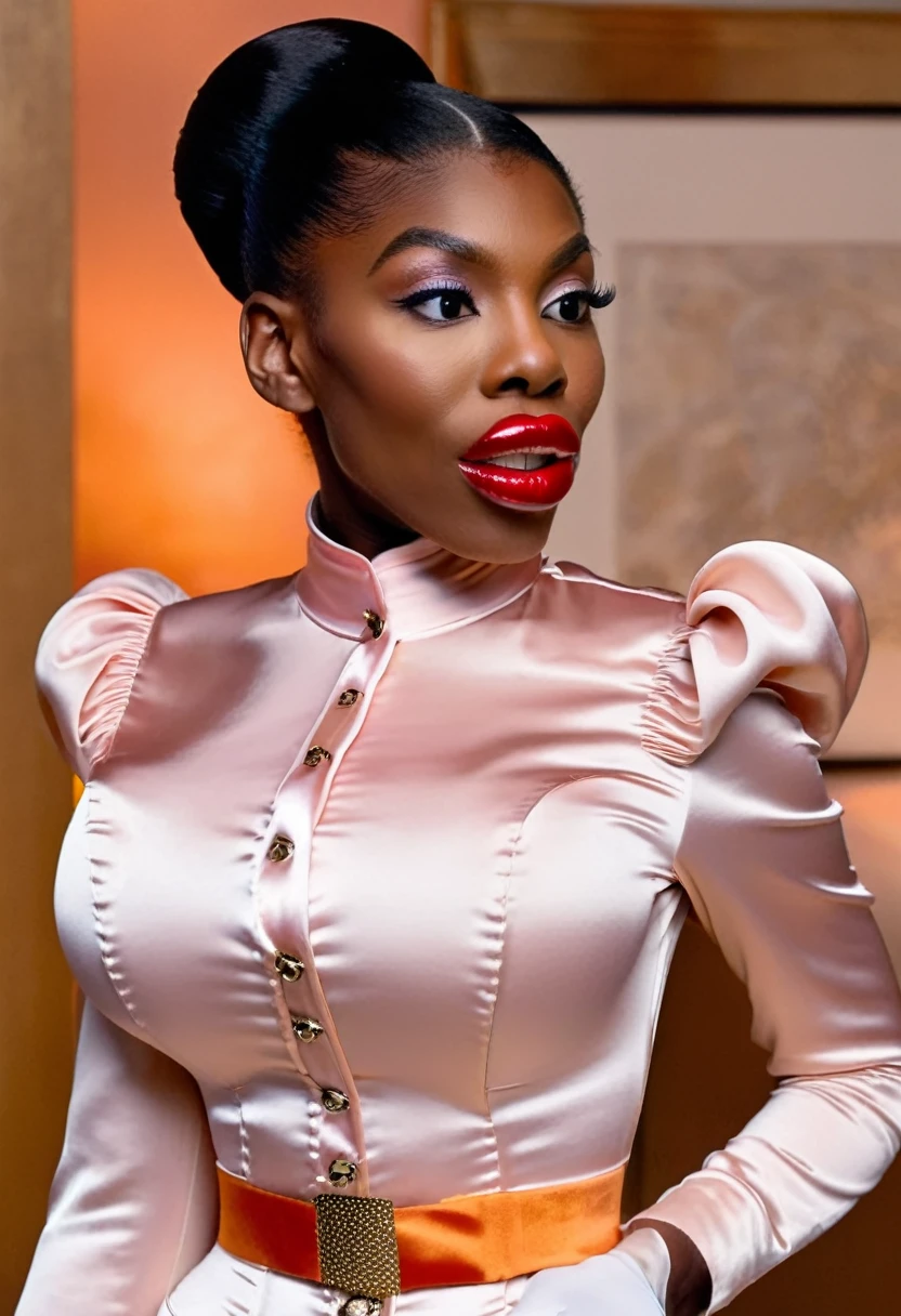 closeup shot, (surprised and amazed evil Michaela Coel pouts her lips:1.4) in a (closed satin skintight silk buttoned mandarin collar blouse with large shoulder-pads and extremely tight corset and belt and satin cape:1.6), tight hairbun, silk gloves, small waist, wide hips and torso, (insane wide eye stare:1.2), (muscular arms), ((flared nostrils + nostrils dilate + nostrils enlarge + nostrils expand)), large shoulder-pads, extremely cinched small waist,