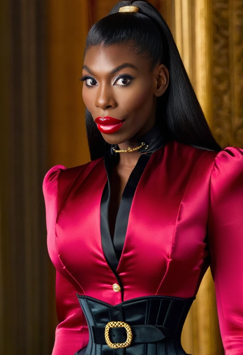 closeup shot, (surprised and amazed evil Michaela Coel pouts her lips:1.4) in a (closed satin skintight silk buttoned mandarin collar blouse with large shoulder-pads and extremely tight corset and belt and satin cape:1.6), tight hairbun, silk gloves, small waist, wide hips and torso, (insane wide eye stare:1.2), (muscular arms), ((flared nostrils + nostrils dilate + nostrils enlarge + nostrils expand)), large shoulder-pads, extremely cinched small waist,
